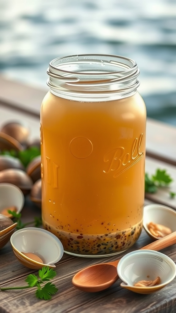 A jar of homemade clam juice with fresh clams and herbs on a wooden table.